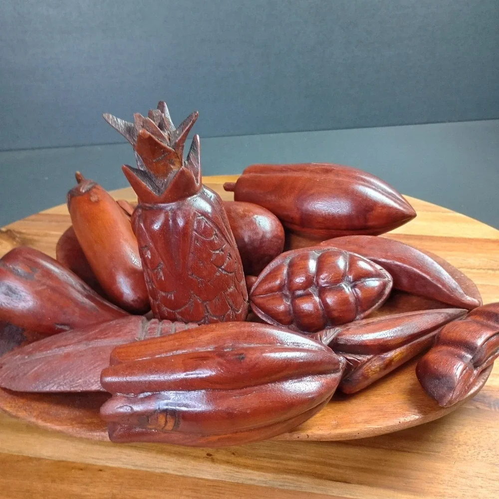Vintage MCM Wooden Fruit Bowl with 10 pc Wooden Fruit Veggie‎ Decorative Dish